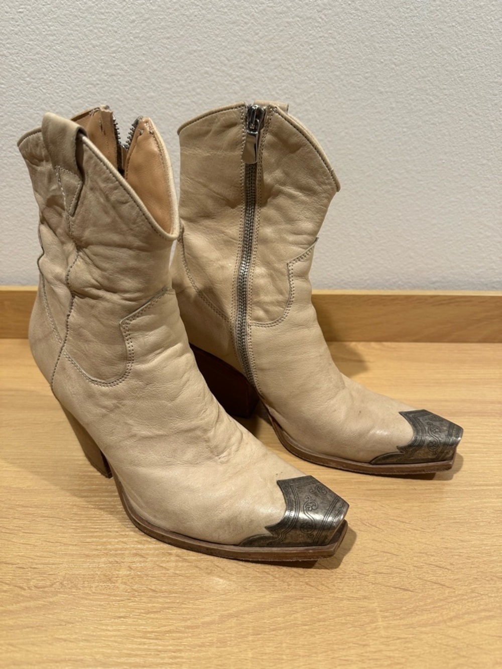Free People Tan Leather Western Zip Ankle Boots with Metal Toe Caps